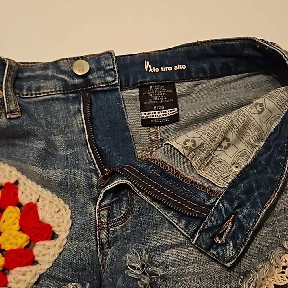 Hand Crafted Upcycled Denim Crochet Shorts Granny Square Handmade High rise 29 - Picture 13 of 17